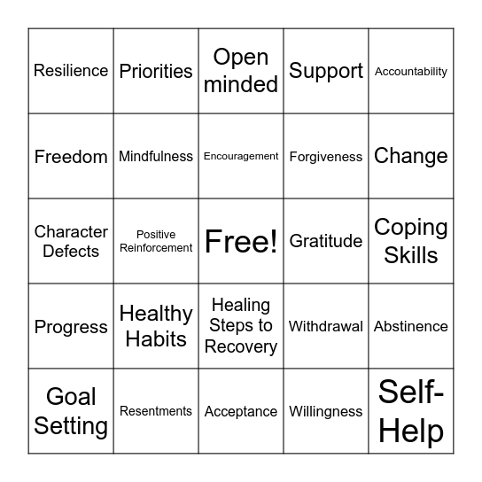 Addiction Recovery Bingo Card