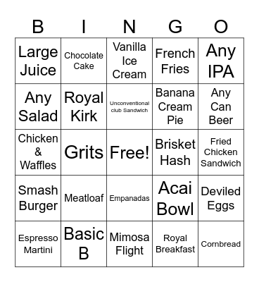 Royal Restaurant Bingo Card