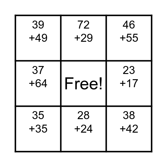 Addition Bingo Card