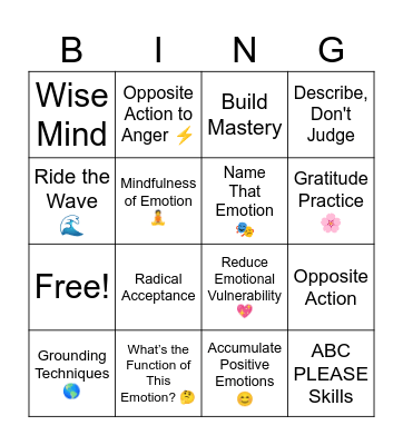 DBT Emotion Regulation Bingo Card
