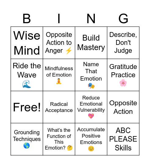 DBT Emotion Regulation Bingo Card