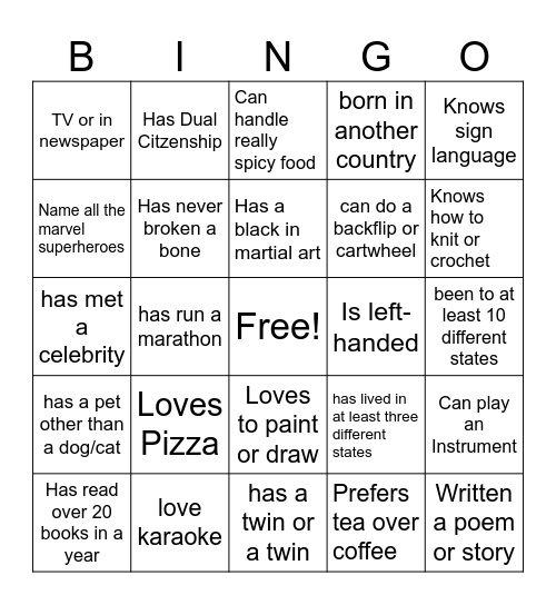 ICEBREAKER Bingo Card