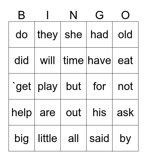 Sight Words Bingo Card