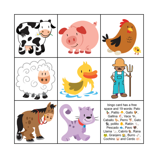Farm Animals Bingo Card