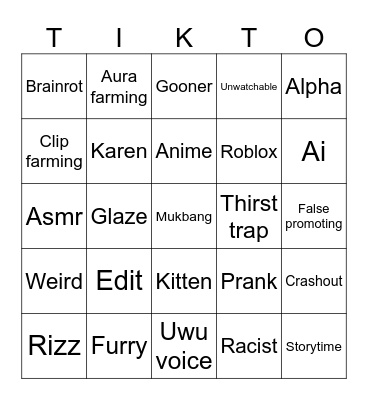 TikTok Cringe Bingo Card