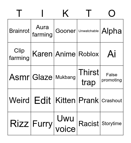 TikTok Cringe Bingo Card