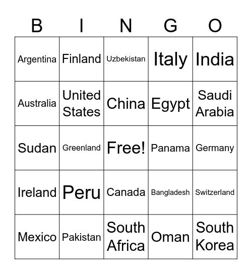 Countries Bingo Card