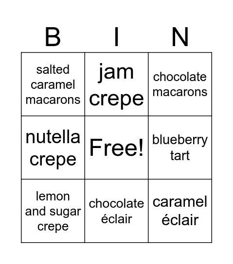 Patisserie Bingo Card