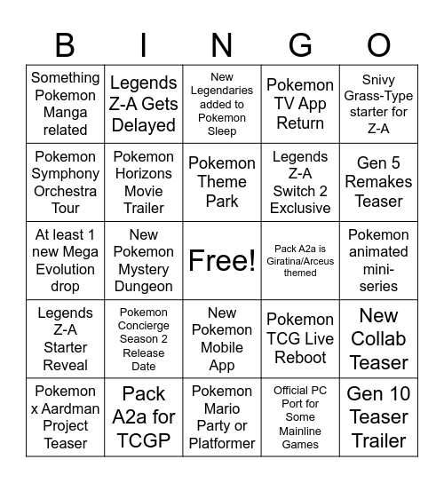 Pokemon Presents 2025 Bingo Card