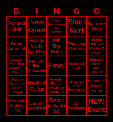 February 2025 Warframe Devstream Bingo Card