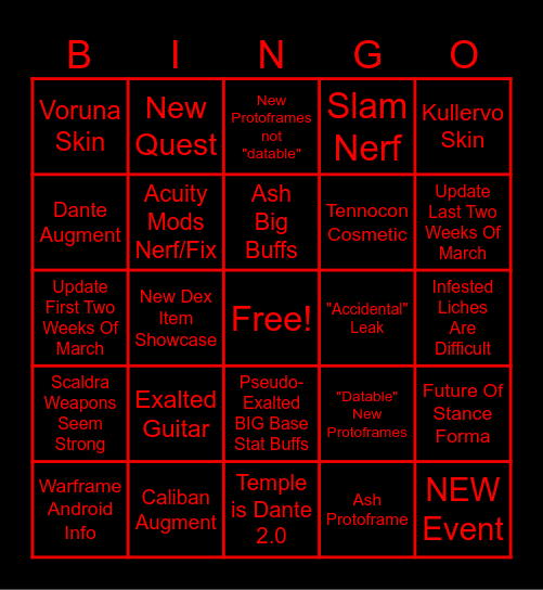February 2025 Warframe Devstream Bingo Card