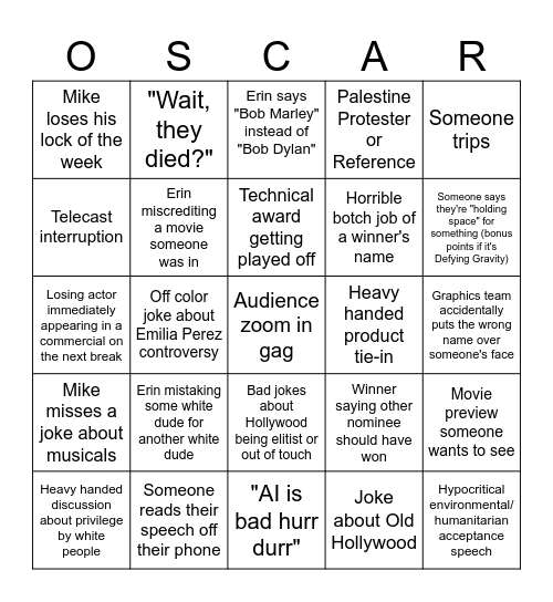 Erin and Mike Play Oscars Bingo Card