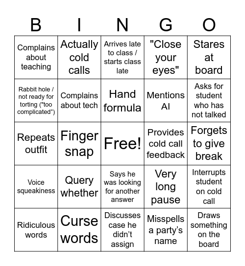 Torts or Torture Bingo Card