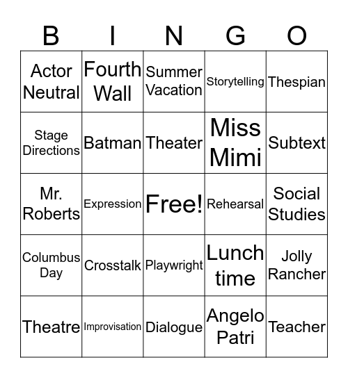 Theater Vocabulary I Bingo Card