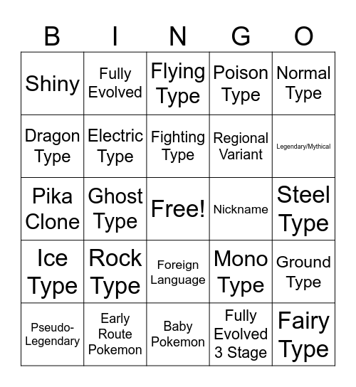 Traded Pokemon Bingo Card