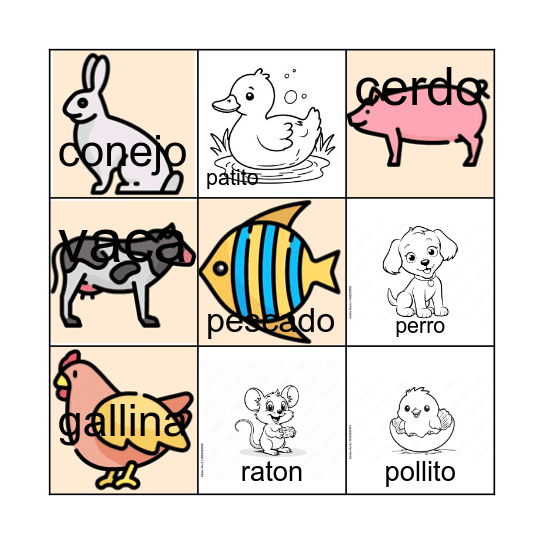 Animales de la granja Bingo Card