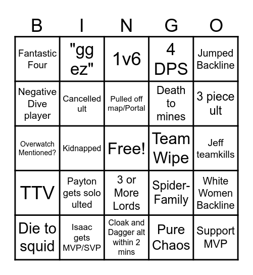 Drunk Marvel Rivals Bingo Card