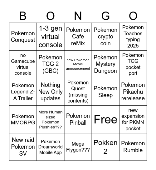 David's Pokemon BONGO Bingo Card