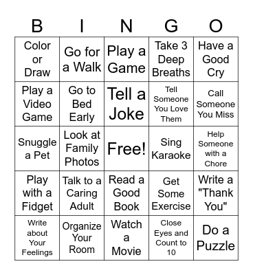 Coping Skills Bingo Card