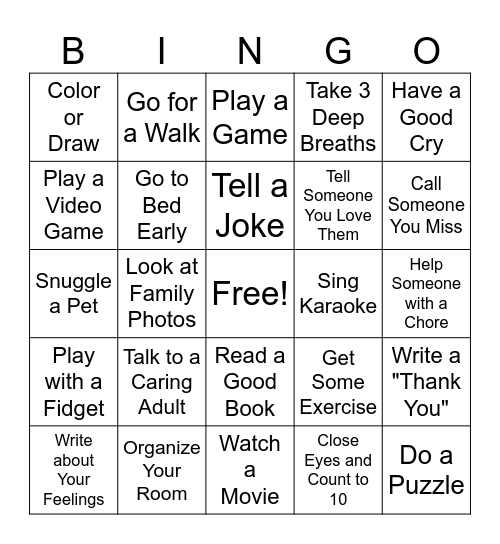 Coping Skills Bingo Card