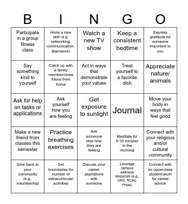Self-Care with PHAs!! Bingo Card