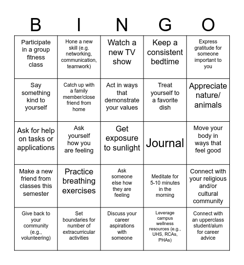 Self-Care with PHAs!! Bingo Card