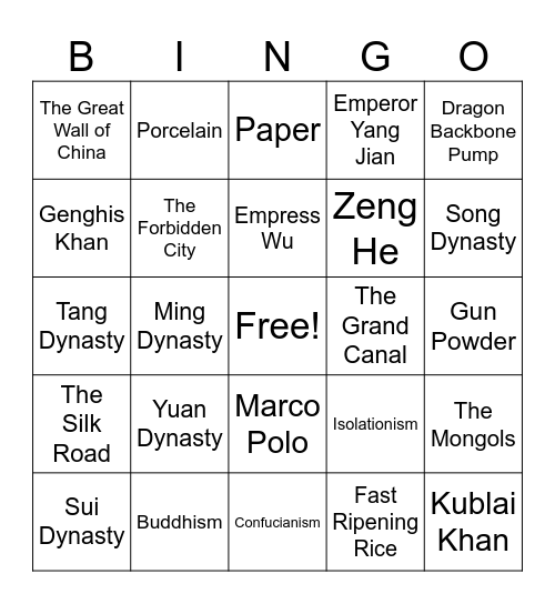 Imperial China Review Bingo Card