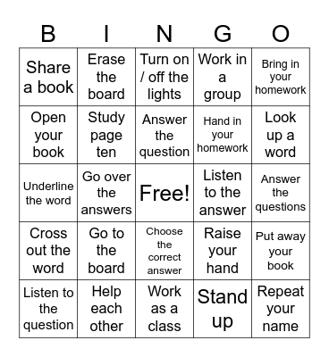 Classroom commands Bingo Card