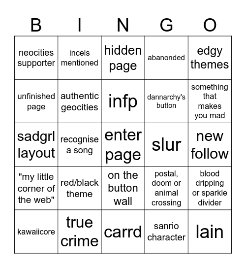 neocities bingo Card