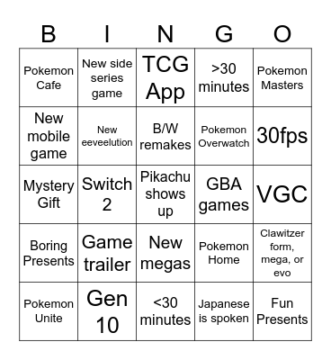 Pokemon Presents Bingo Card