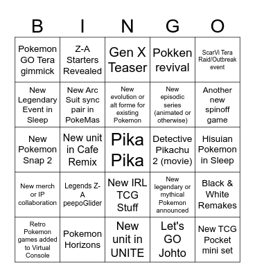 Pokemon Direct Announcement Bingo Card