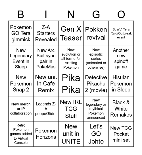 Pokemon Direct Announcement Bingo Card