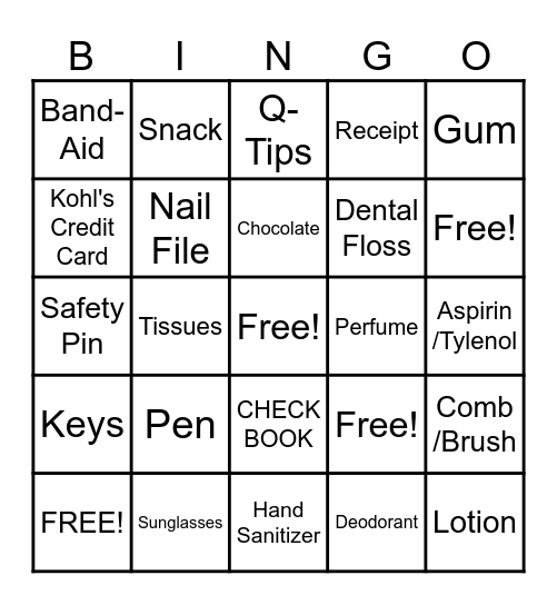 WHAT'S IN YOUR PURSE Bingo Card