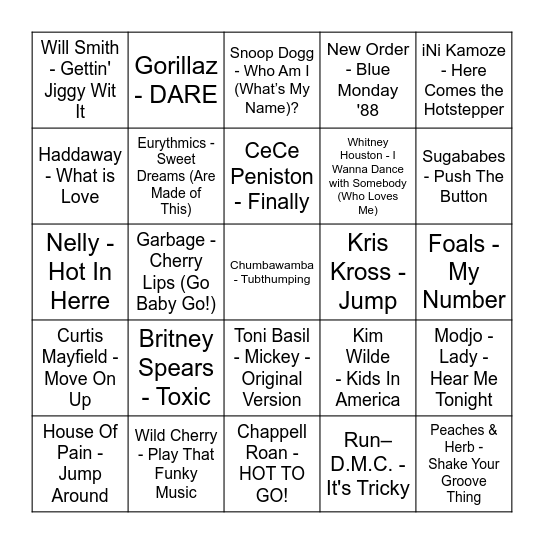 Dance Songs Through the Yonks: 1 Bingo Card