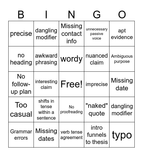 Proofreading Bingo Card