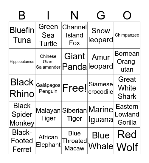 Endangered and Threatened Species  Bingo Card