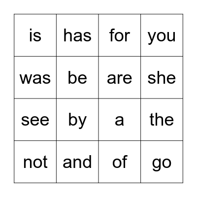 Sight Words Bingo Card