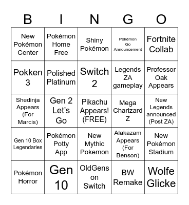 Pokémon Presents Bingo Card