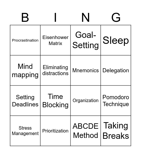 Time Management Bingo Card