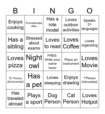 Human Bingo: Find someone who matches each prompt! Bingo Card