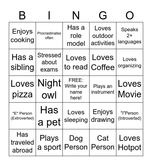 Human Bingo: Find someone who matches each prompt! Bingo Card