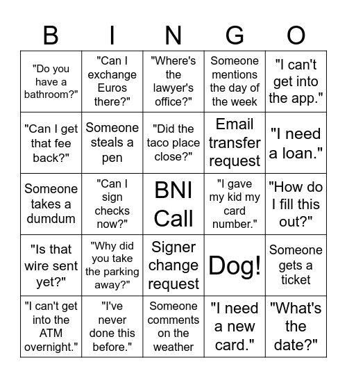 Banker Bingo Card
