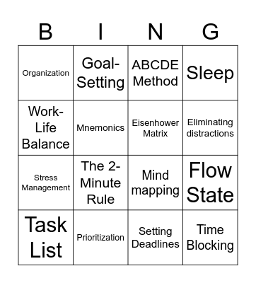 Time Management Bingo Card