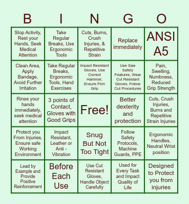 Hand Safety Bingo Card