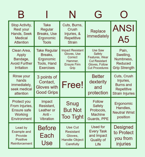 Hand Safety Bingo Card
