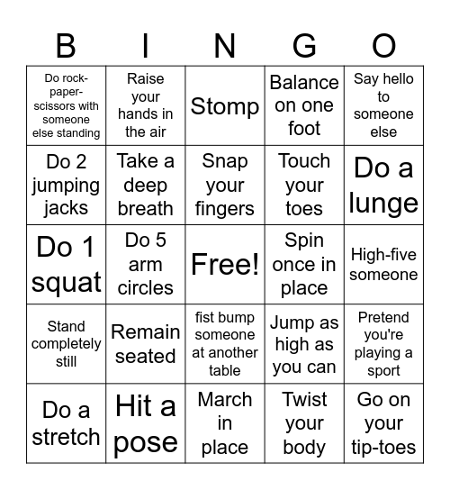 Movement Bingo Card