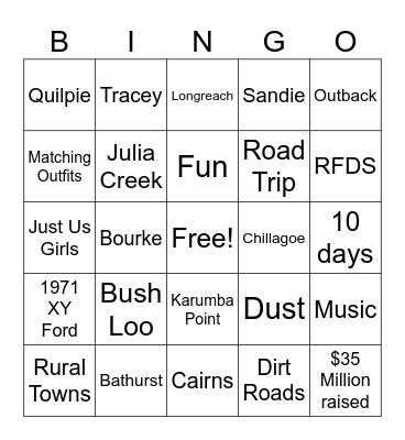 RFDS Outback Trek Bingo Card