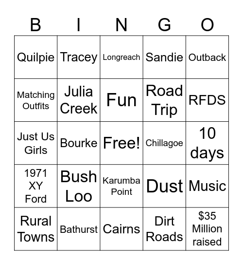 RFDS Outback Trek Bingo Card
