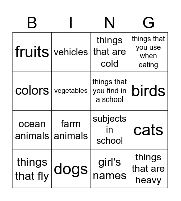 Categories Bingo Card