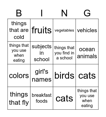 Categories Bingo Card